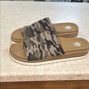 Yellow Box Camo Slide Wedges in Olive, Tan & Black